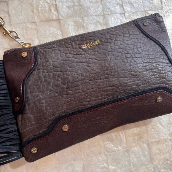 Mz Wallace Brown Black Clutch Bag with Fringe western style purse suede leather - Picture 4 of 14